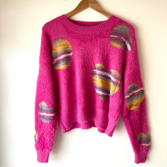 Just In// Fuzzy Heart Rainbow Magenta Semi Crop Sweater - Picture 7 of 15